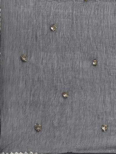 Neerus Grey Pleated Straight Floral Kurta And Trousers With Dupatta