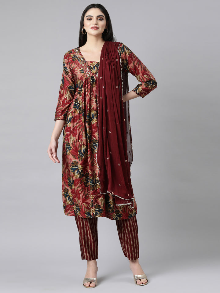 Neerus Pink Pleated Straight Floral Kurta And Trousers With Dupatta