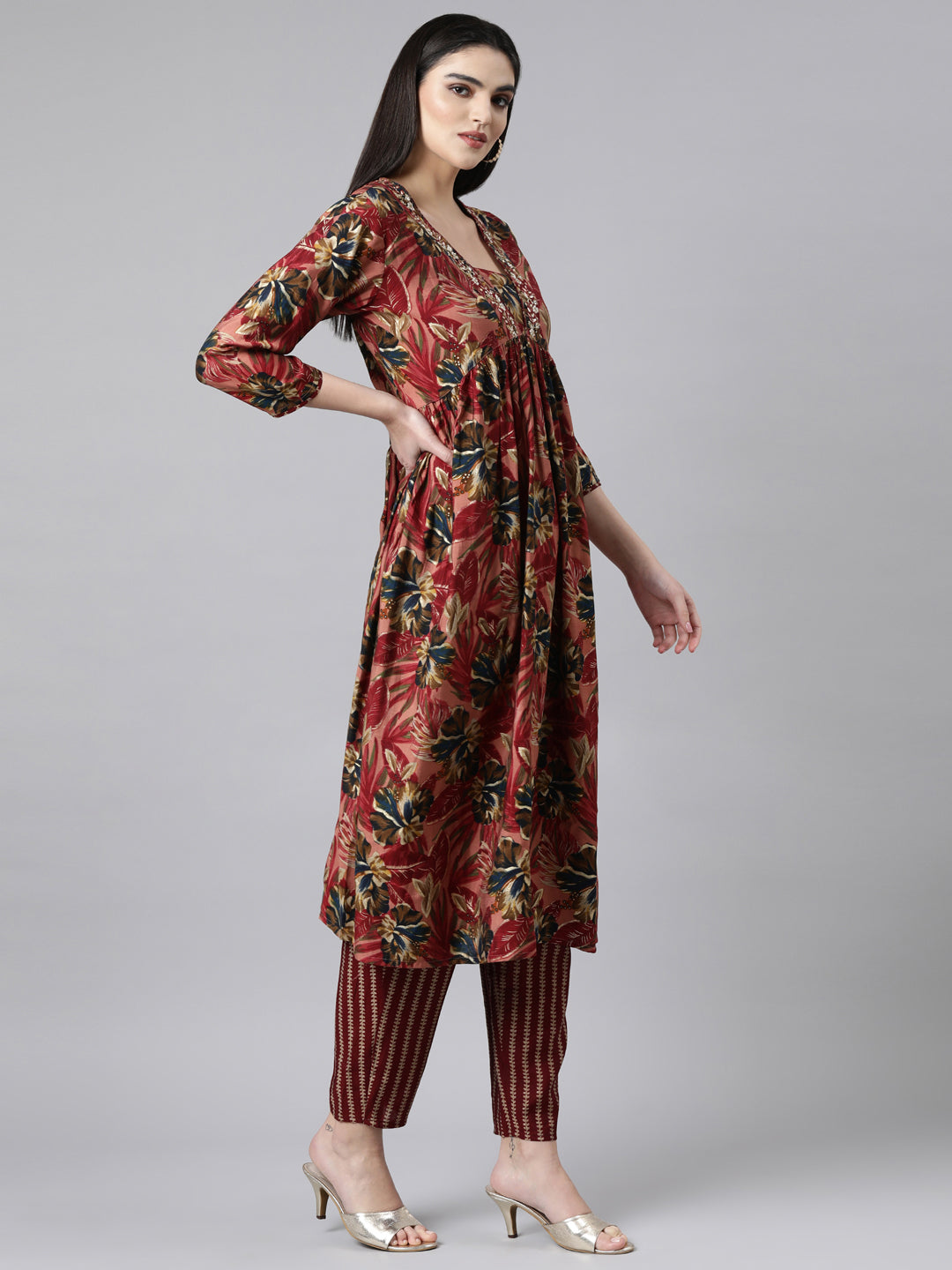 Neerus Pink Pleated Straight Floral Kurta And Trousers With Dupatta