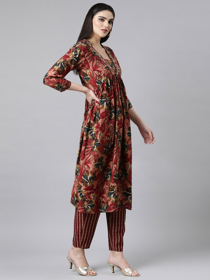 Neerus Pink Pleated Straight Floral Kurta And Trousers With Dupatta