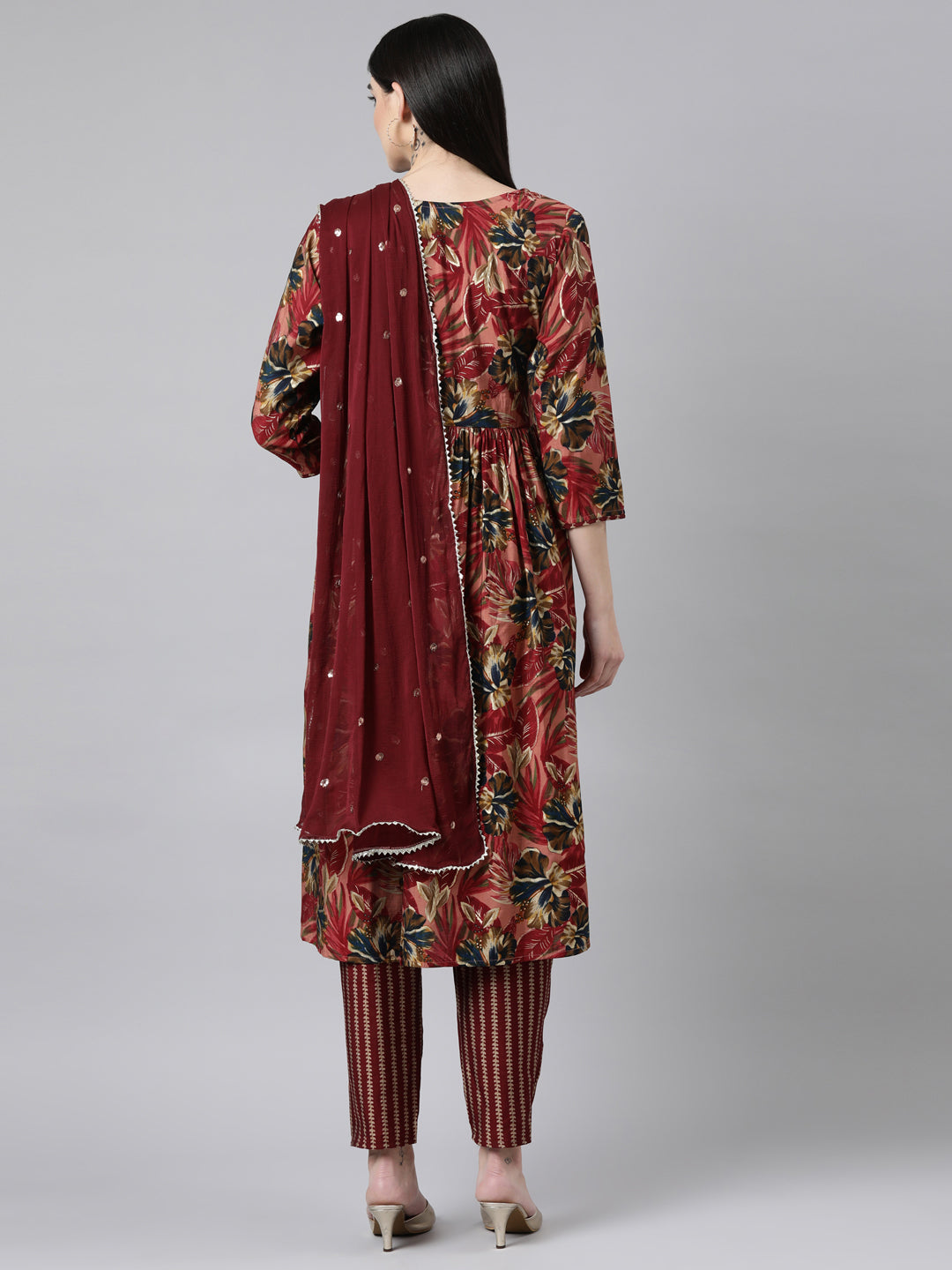 Neerus Pink Pleated Straight Floral Kurta And Trousers With Dupatta