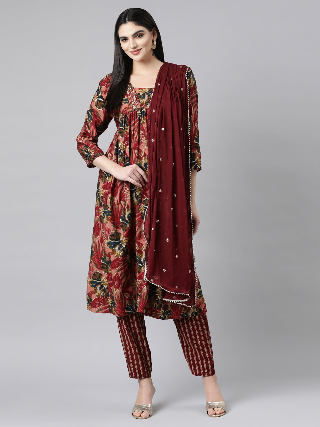 Neerus Pink Pleated Straight Floral Kurta And Trousers With Dupatta
