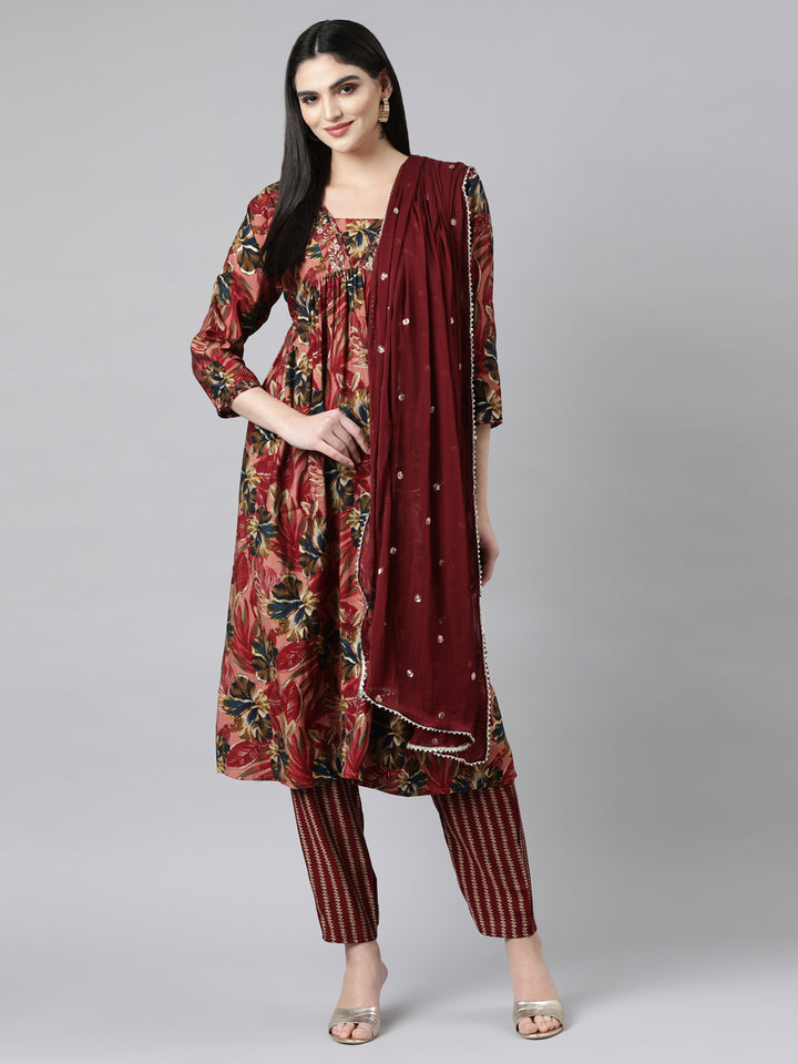 Neerus Pink Pleated Straight Floral Kurta And Trousers With Dupatta