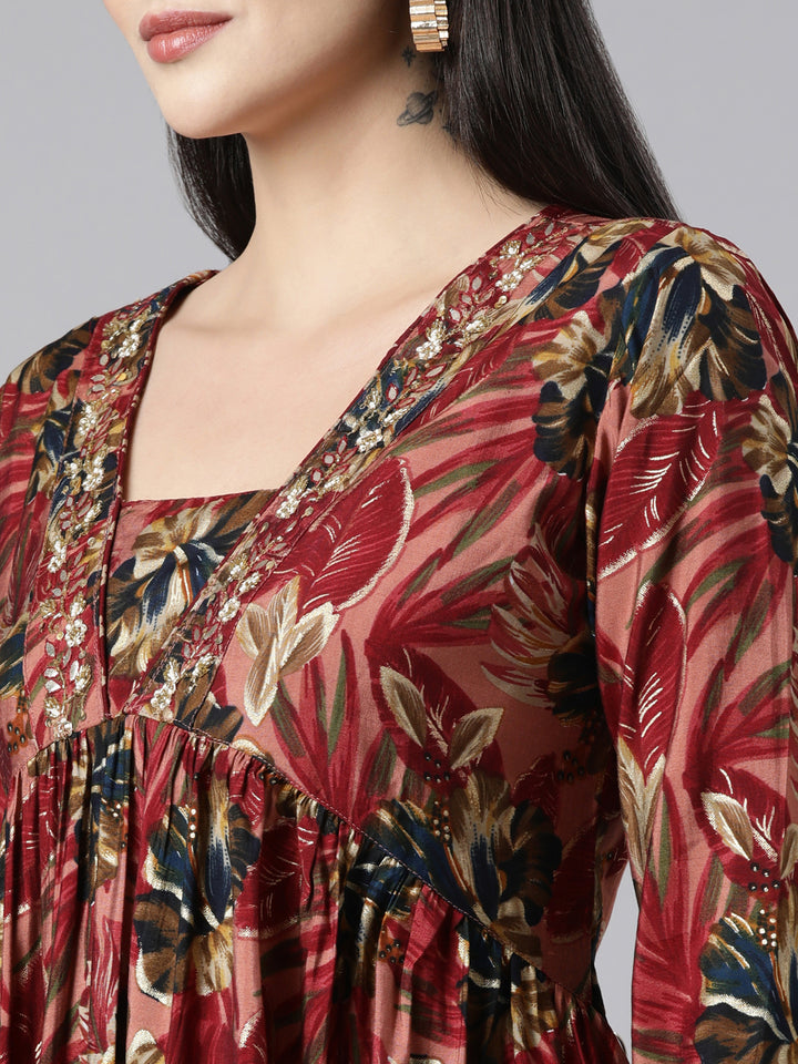 Neerus Pink Pleated Straight Floral Kurta And Trousers With Dupatta