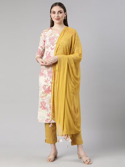 Neerus Cream Regular Straight Floral Kurta And  Trousers With Dupatta