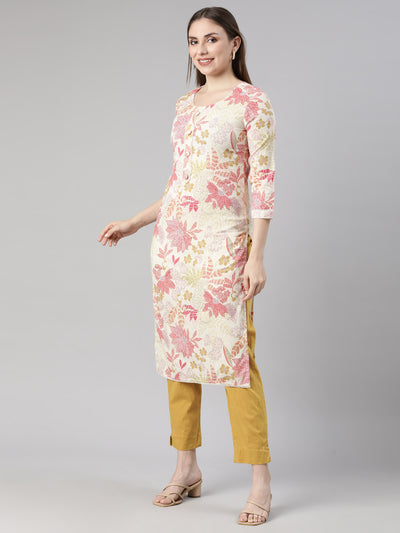 Neerus Cream Regular Straight Floral Kurta And  Trousers With Dupatta