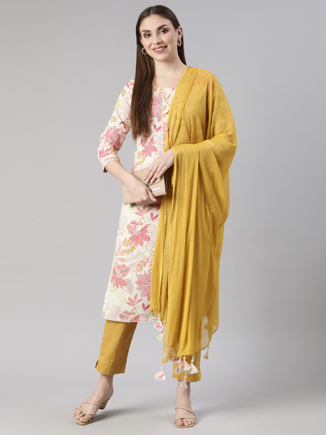 Neerus Cream Regular Straight Floral Kurta And  Trousers With Dupatta