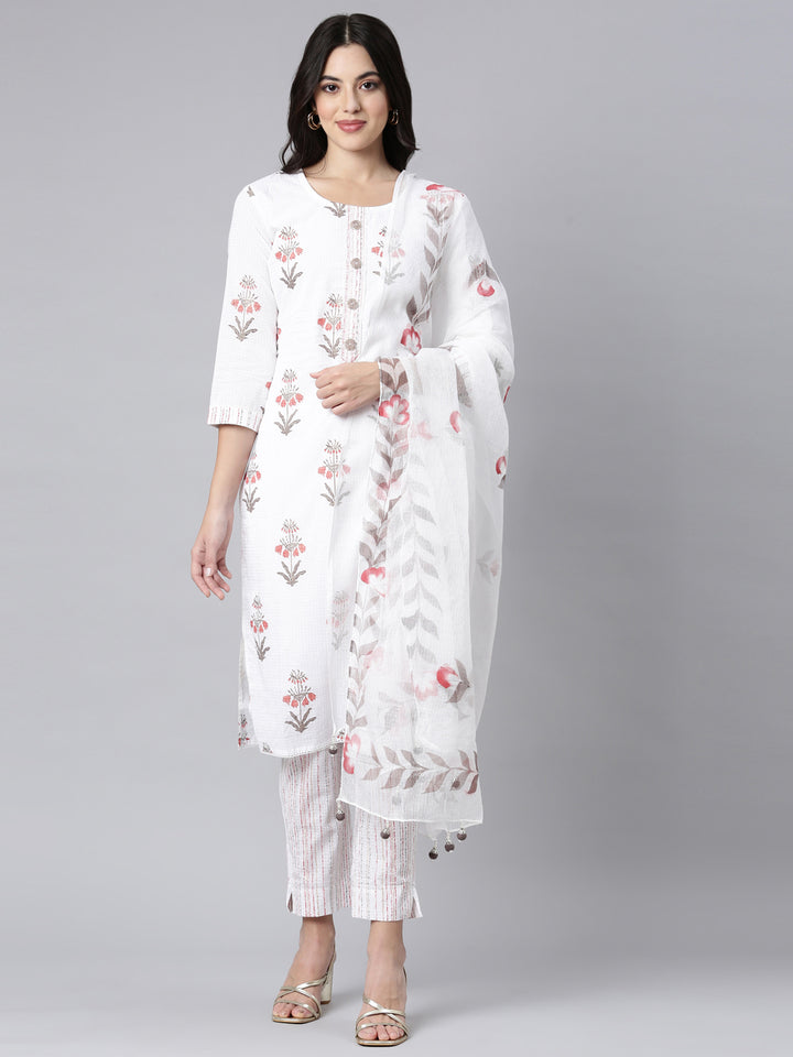 Neerus White Regular Straight Floral Kurta And Trousers With Dupatta