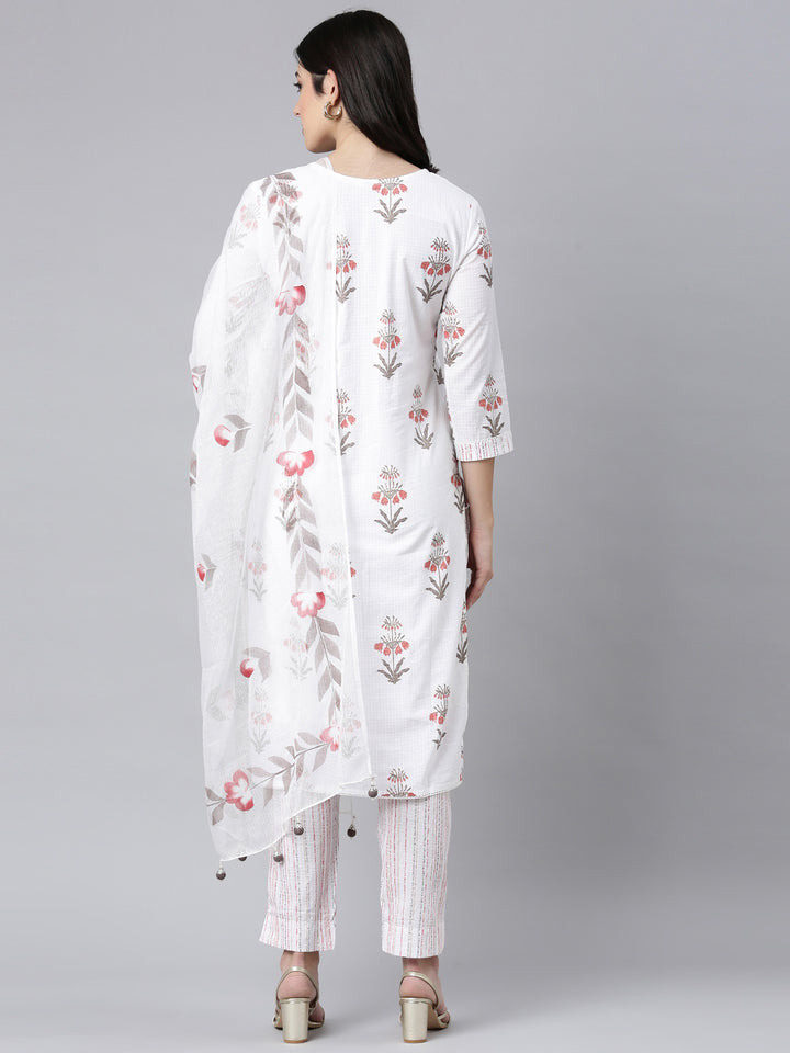 Neerus White Regular Straight Floral Kurta And Trousers With Dupatta