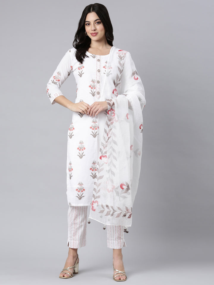 Neerus White Regular Straight Floral Kurta And Trousers With Dupatta