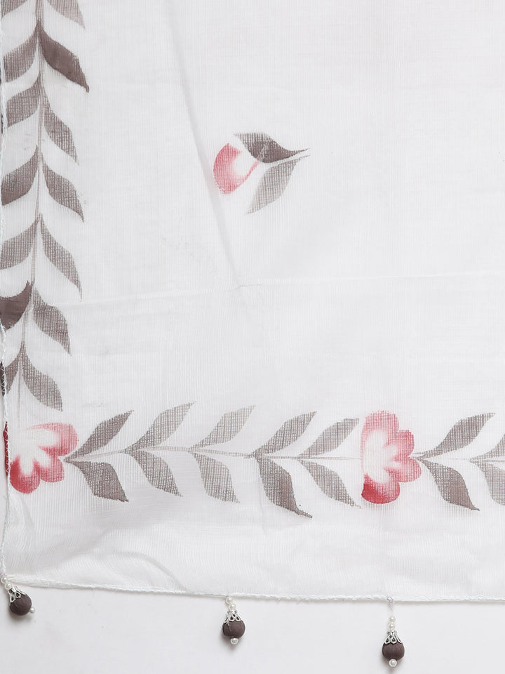 Neerus White Regular Straight Floral Kurta And Trousers With Dupatta