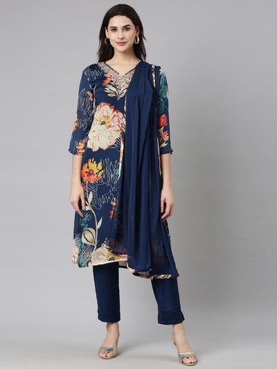 Neerus Blue Regular Straight Floral Kurta And  Trousers With Dupatta