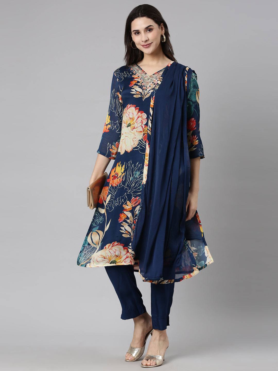 Neerus Blue Regular Straight Floral Kurta And  Trousers With Dupatta