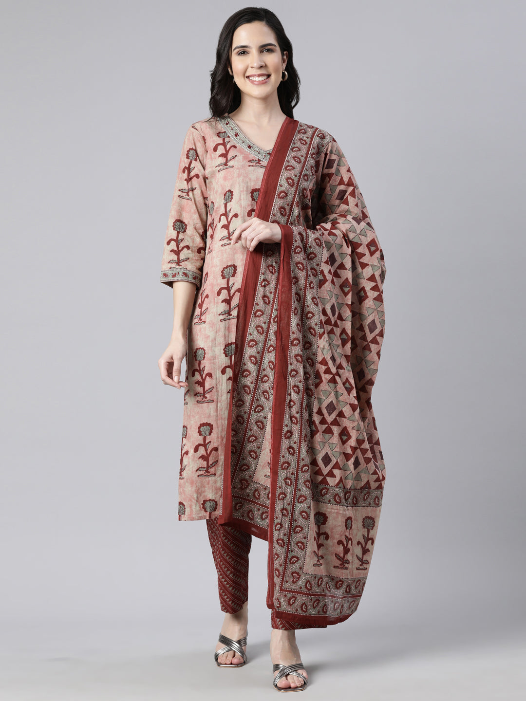 Neerus Maroon printed floral suit set straight kurta with trouser and dupatta - front view