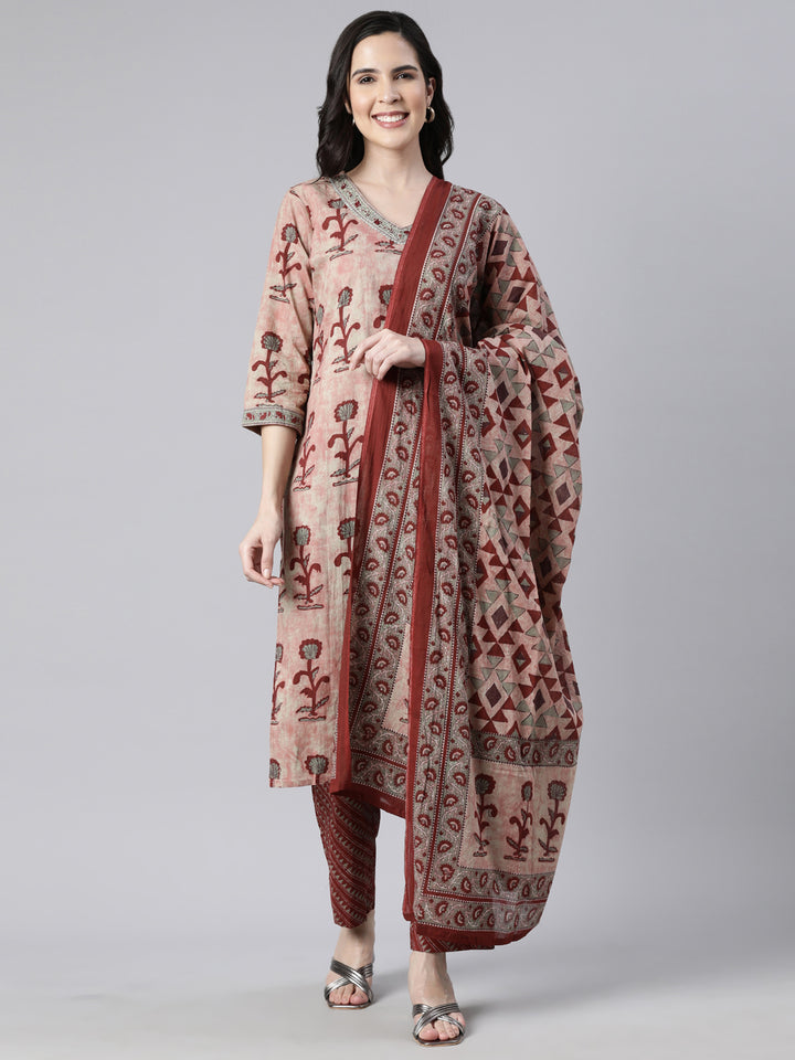 Neerus Maroon printed floral suit set straight kurta with trouser and dupatta - front view