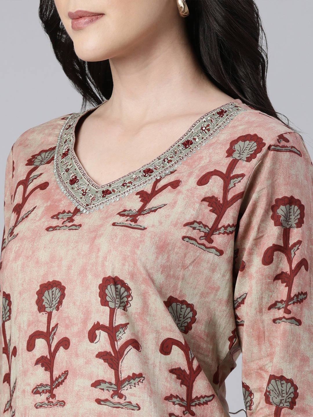 Neerus Maroon printed floral suit set straight kurta with trouser and dupatta - detail view 1