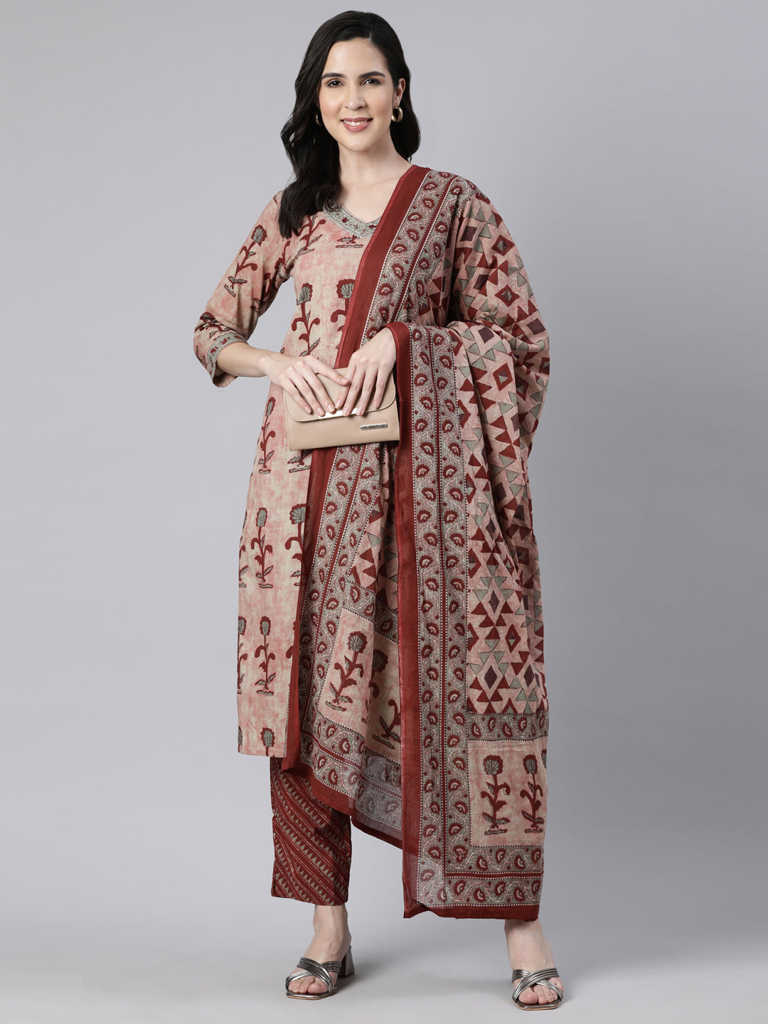 Neerus Maroon printed floral suit set straight kurta with trouser and dupatta - detail view 2