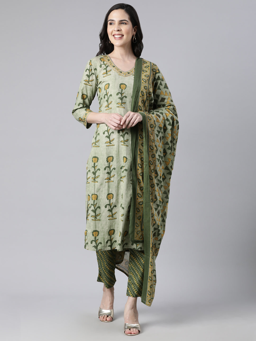 Neerus Olive Regular Straight Floral Kurta And  Trousers With Dupatta