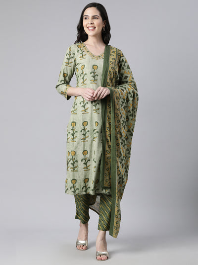Neerus Olive Regular Straight Floral Kurta And  Trousers With Dupatta