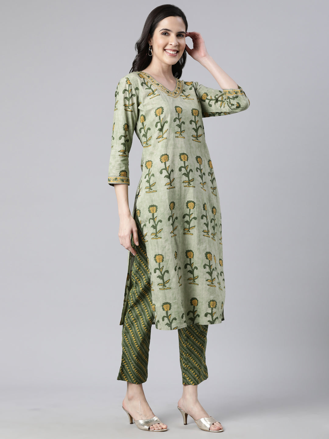 Neerus Olive Regular Straight Floral Kurta And  Trousers With Dupatta