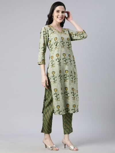 Neerus Olive Regular Straight Floral Kurta And  Trousers With Dupatta