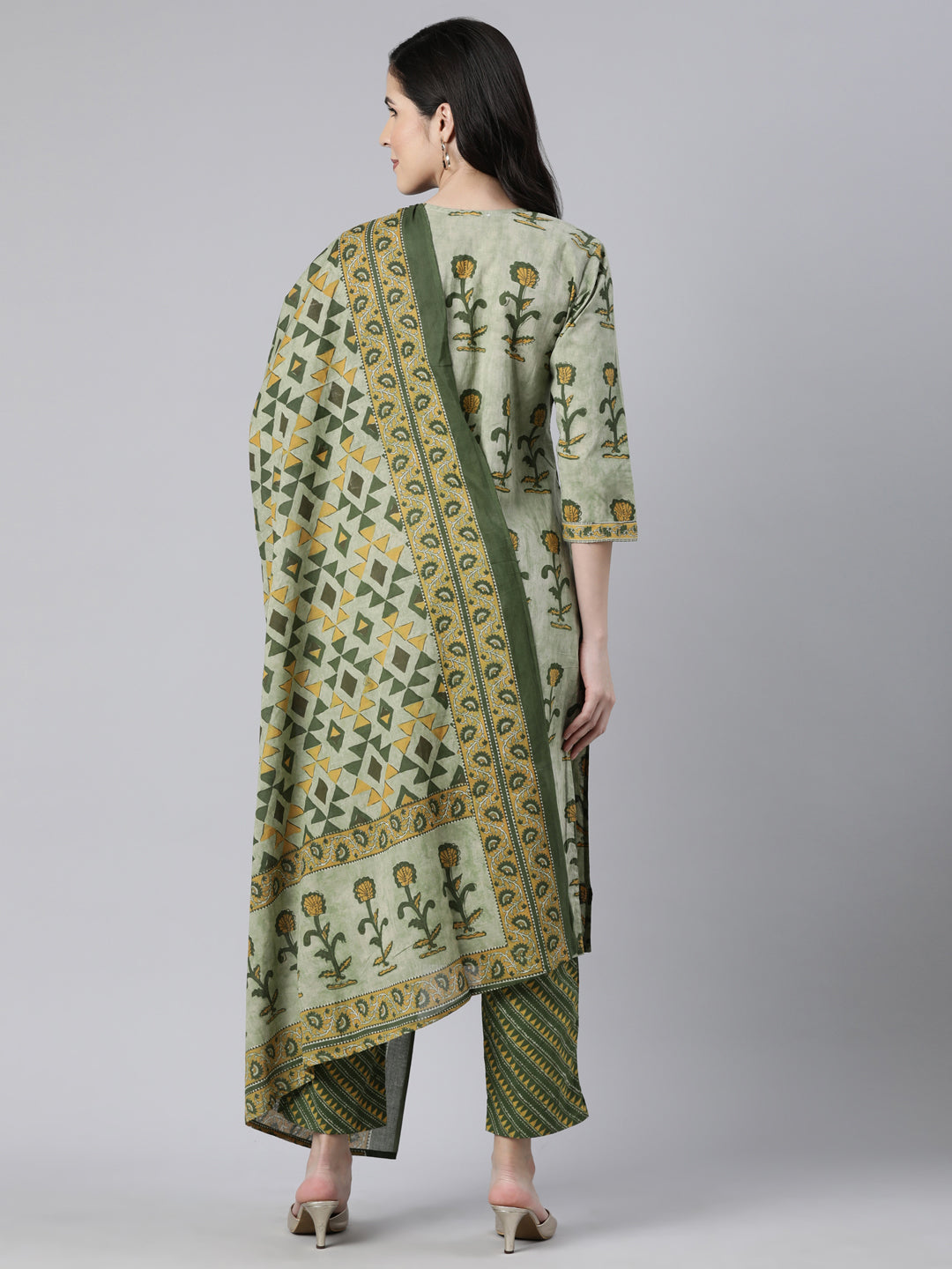 Neerus Olive Regular Straight Floral Kurta And  Trousers With Dupatta