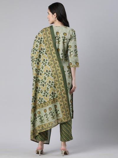 Neerus Olive Regular Straight Floral Kurta And  Trousers With Dupatta