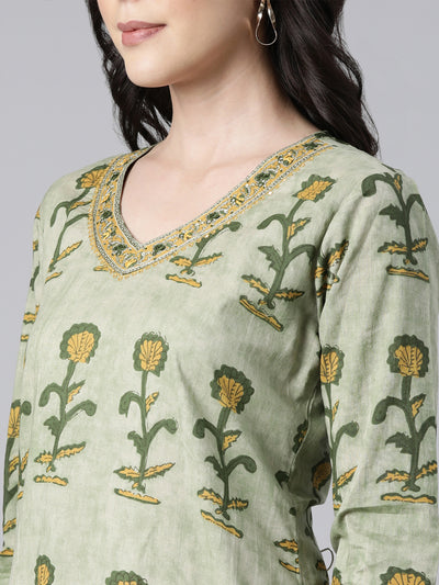 Neerus Olive Regular Straight Floral Kurta And  Trousers With Dupatta
