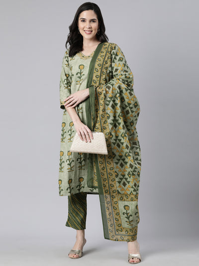 Neerus Olive Regular Straight Floral Kurta And  Trousers With Dupatta