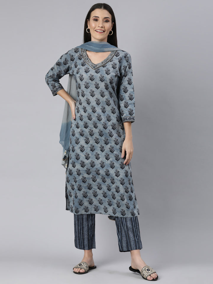 Neerus Blue cotton printed straight suit set - front view
