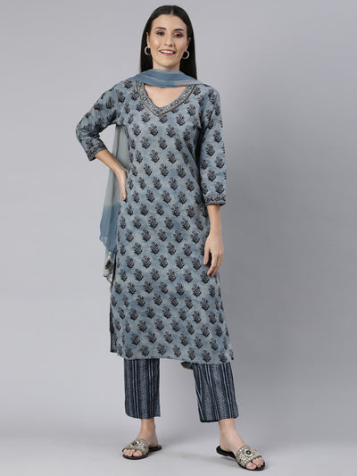 Neerus Blue Regular Straight Floral Kurta And  Trousers With Dupatta