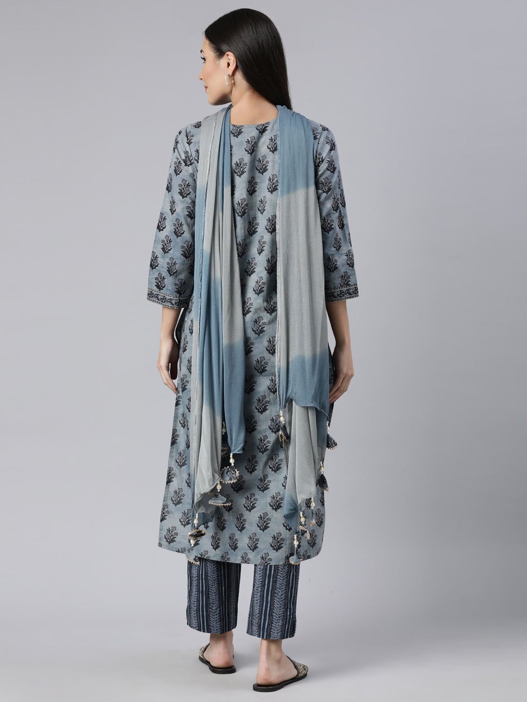 Neerus Blue cotton printed straight suit set - side view