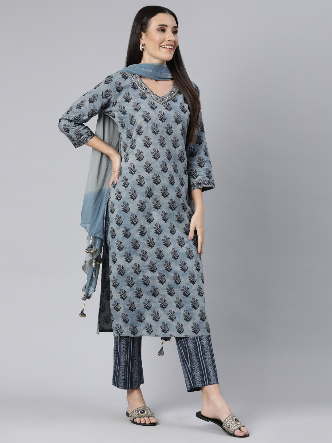 Neerus Blue cotton printed straight suit set - detail view 2