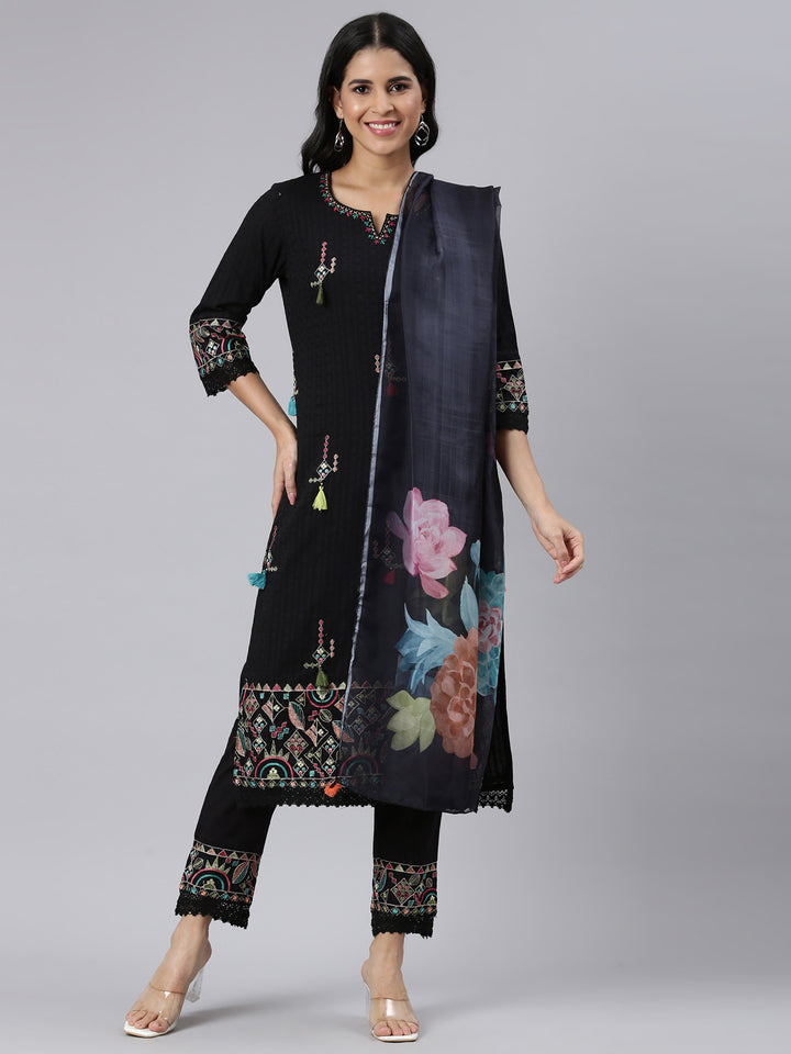 Neerus Black Regular Straight Embroidered Kurta and Trousers With Dupatta