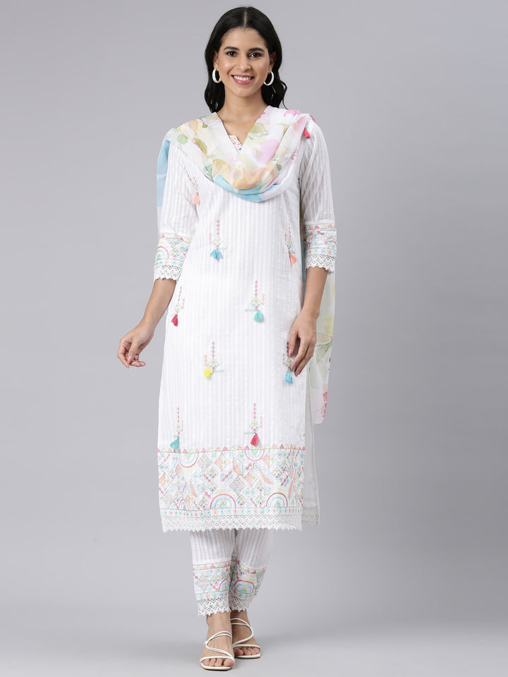 Neerus White embroidered straight suit set - front view