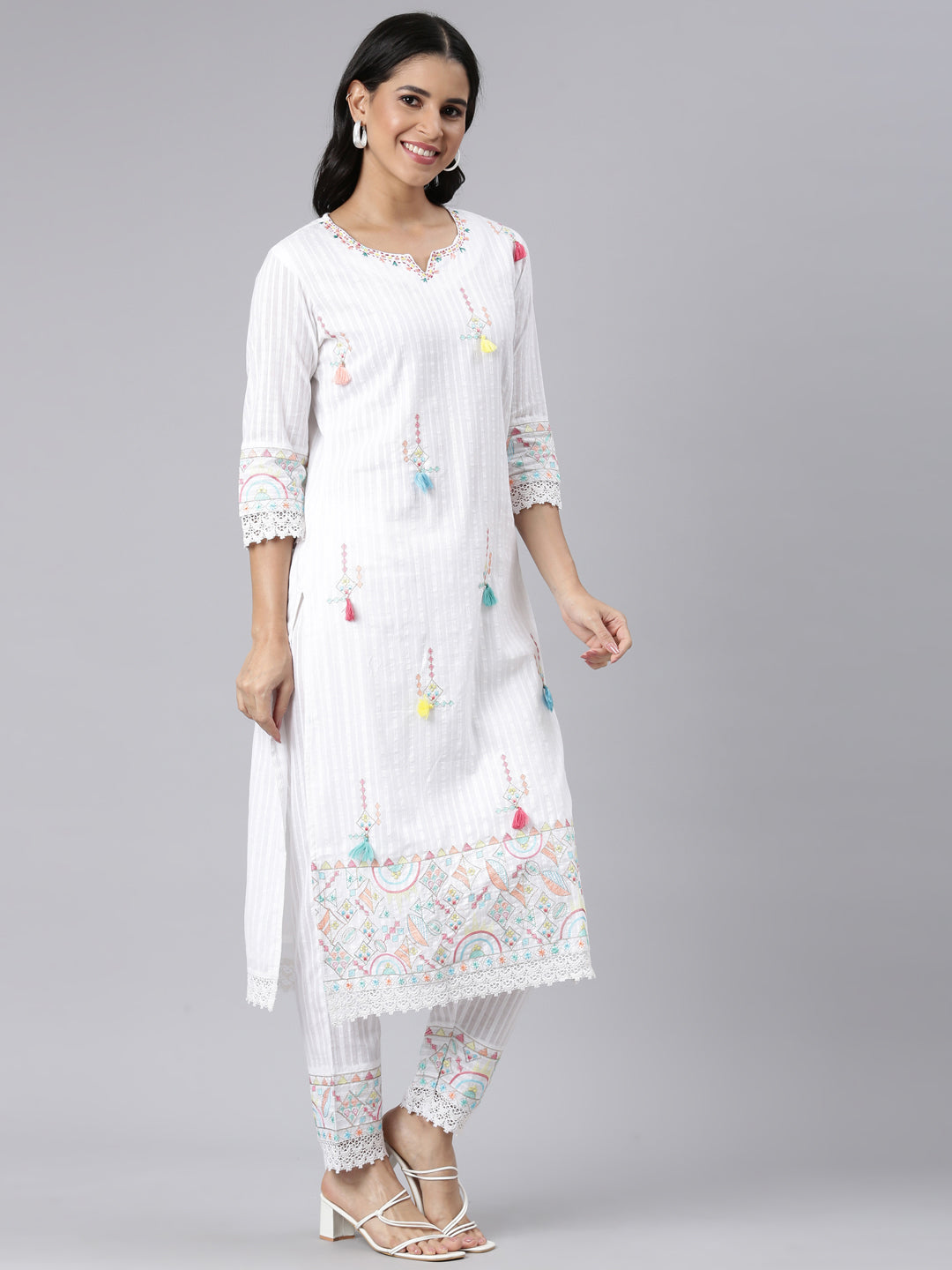 Neerus White embroidered straight suit set - back view