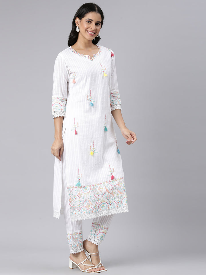 Neerus White embroidered straight suit set - back view