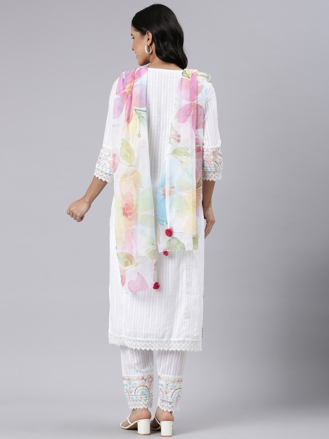 Neerus White embroidered straight suit set - side view