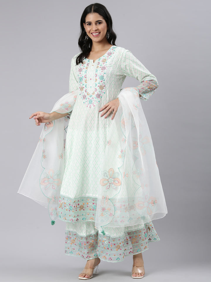Neerus Green Panelled Curved Printed Kurta and Palazzos With Dupatta