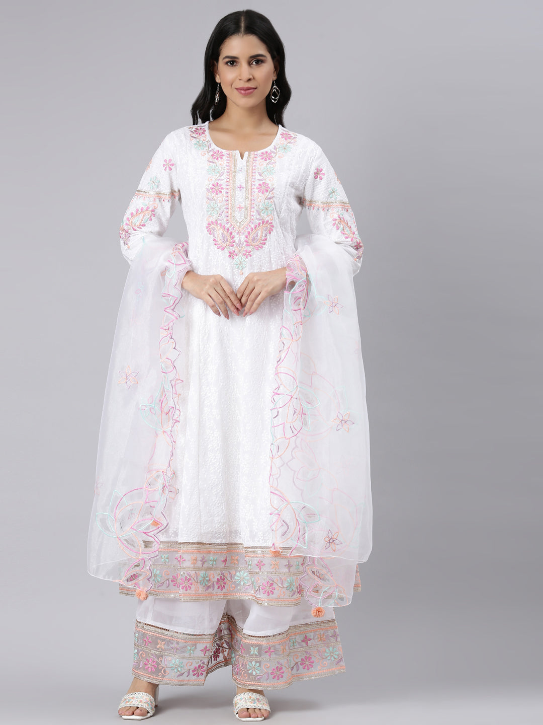 Neerus White solid panelled kurta suit set - front view
