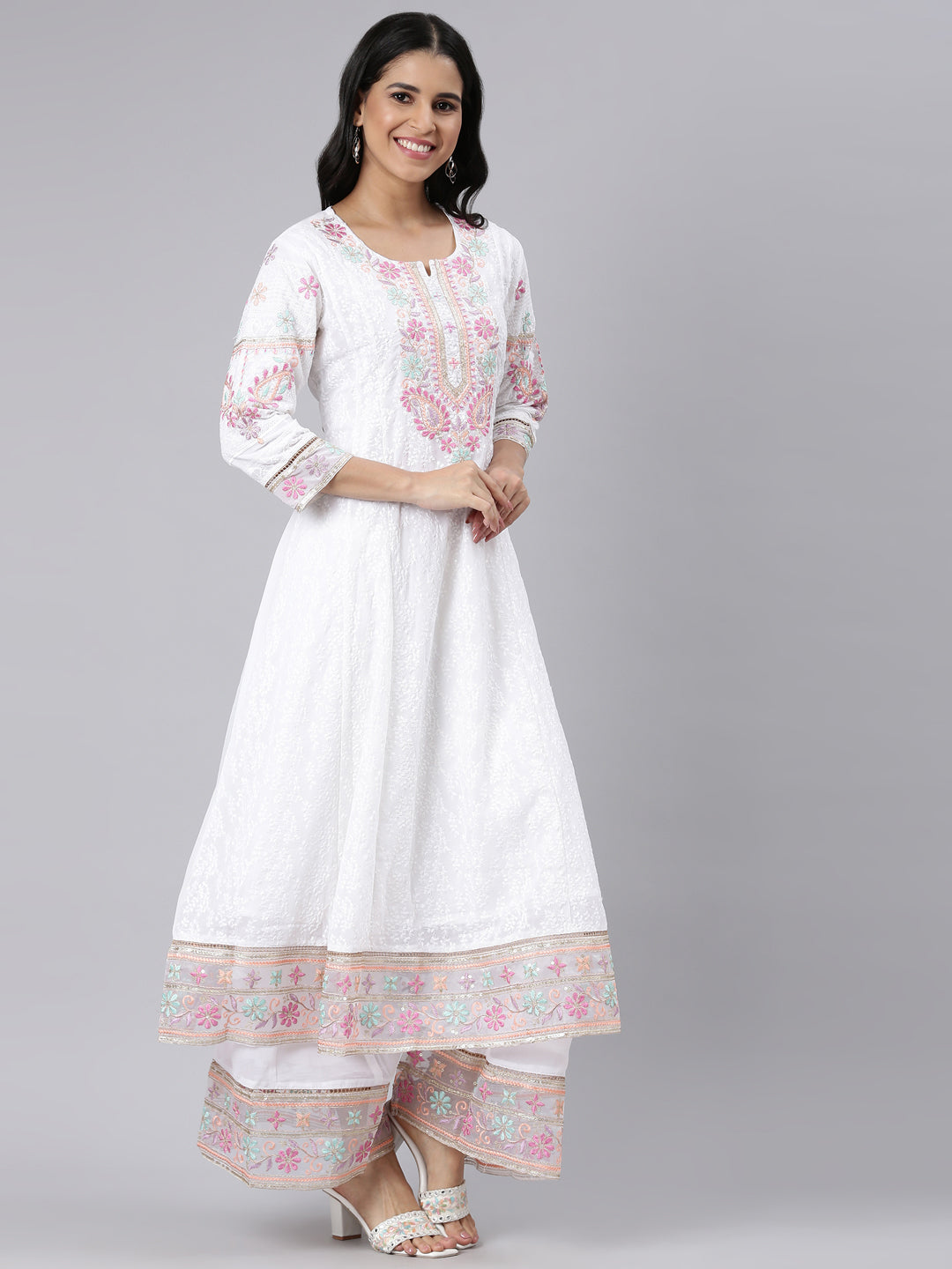 Neerus White solid panelled kurta suit set - back view