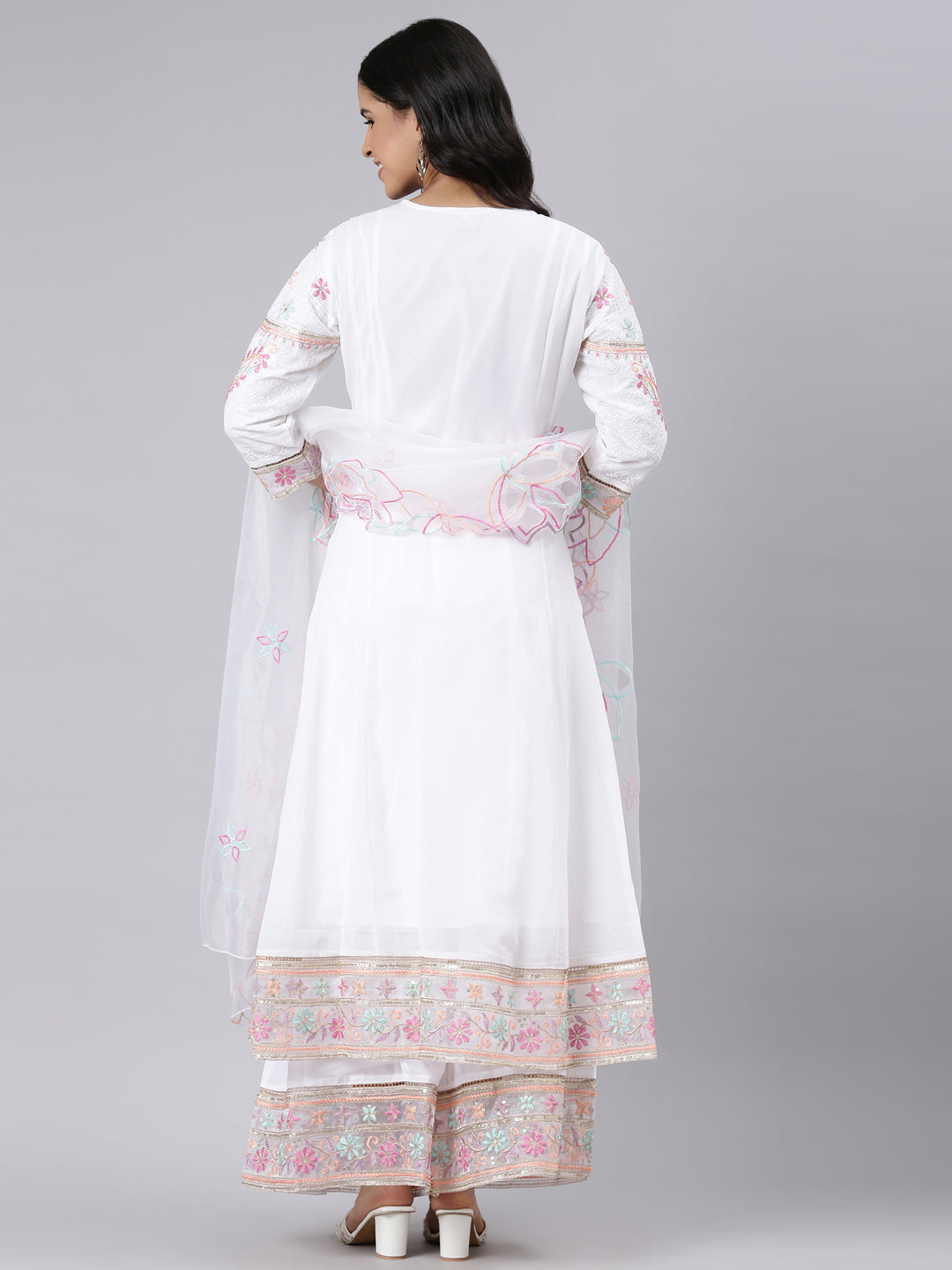 Neerus White solid panelled kurta suit set - side view