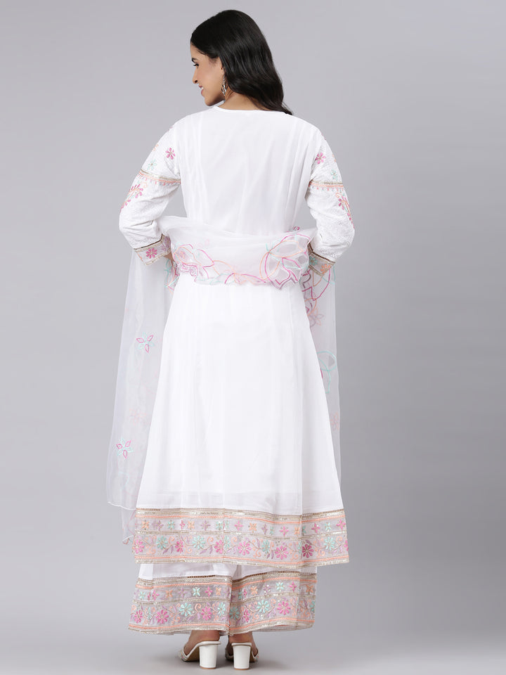 Neerus White solid panelled kurta suit set - side view