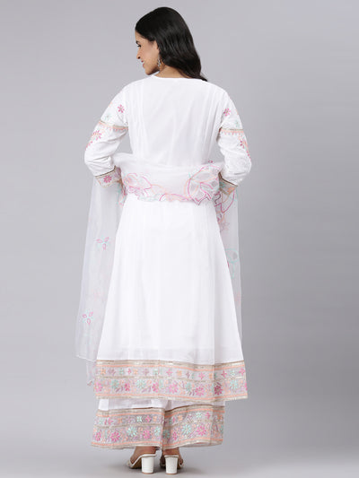 Neerus white Panelled Curved Solid Kurta and Trousers With Dupatta