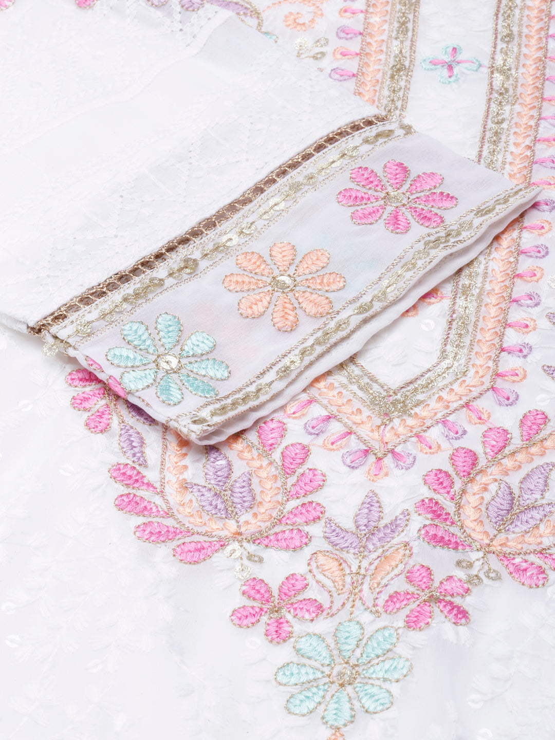Neerus White solid panelled kurta suit set - detail view 1