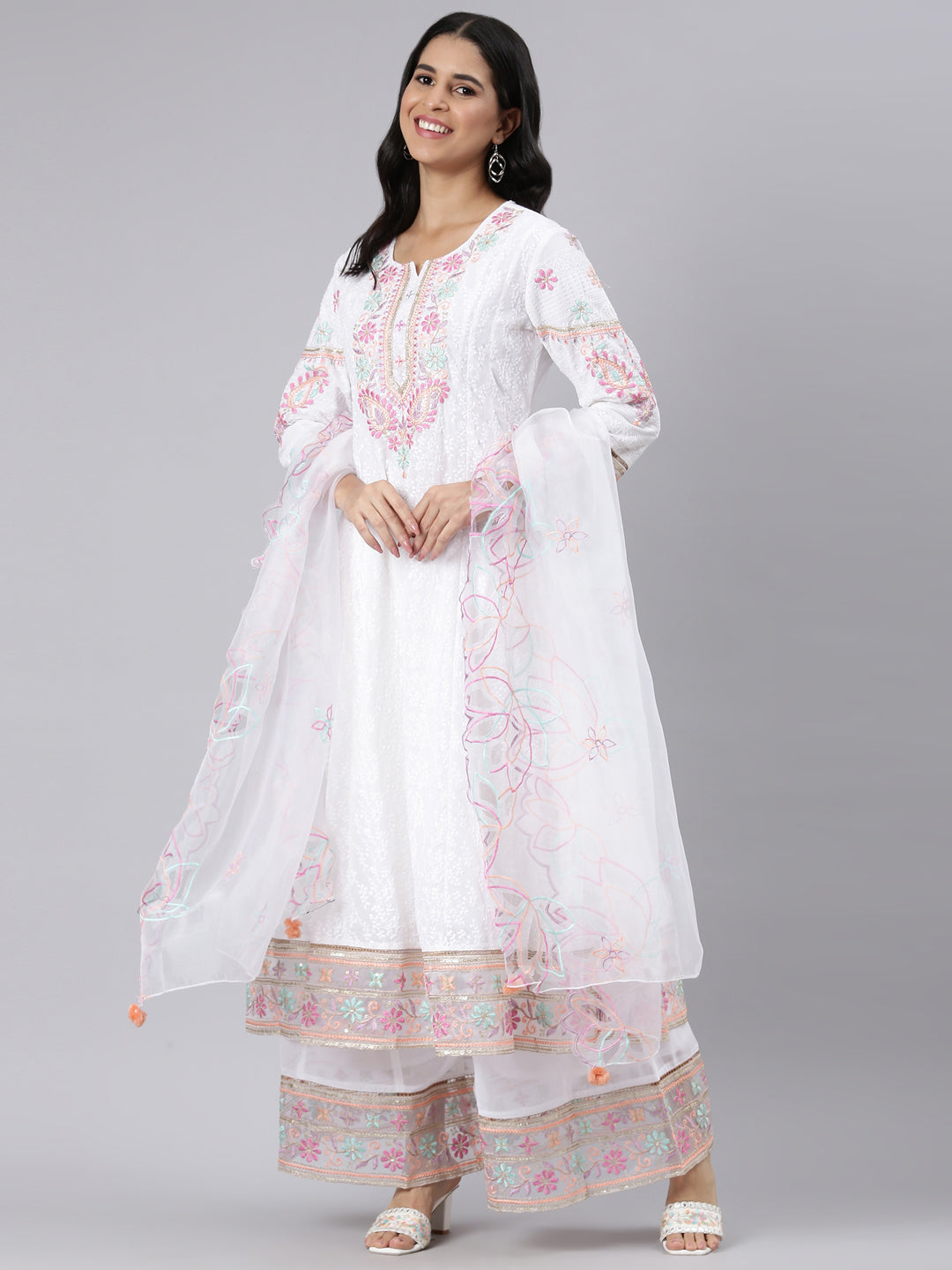 Neerus White solid panelled kurta suit set - detail view 2