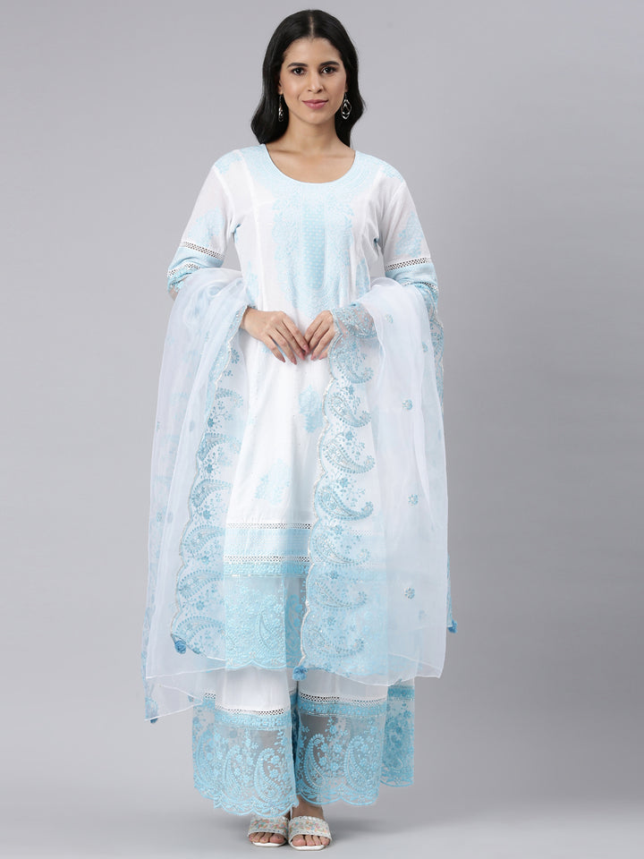 Neerus Blue Panelled Straight Embroidered Kurta and Palazzos With Dupatta