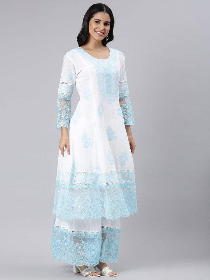 Neerus Blue Panelled Straight Embroidered Kurta and Palazzos With Dupatta