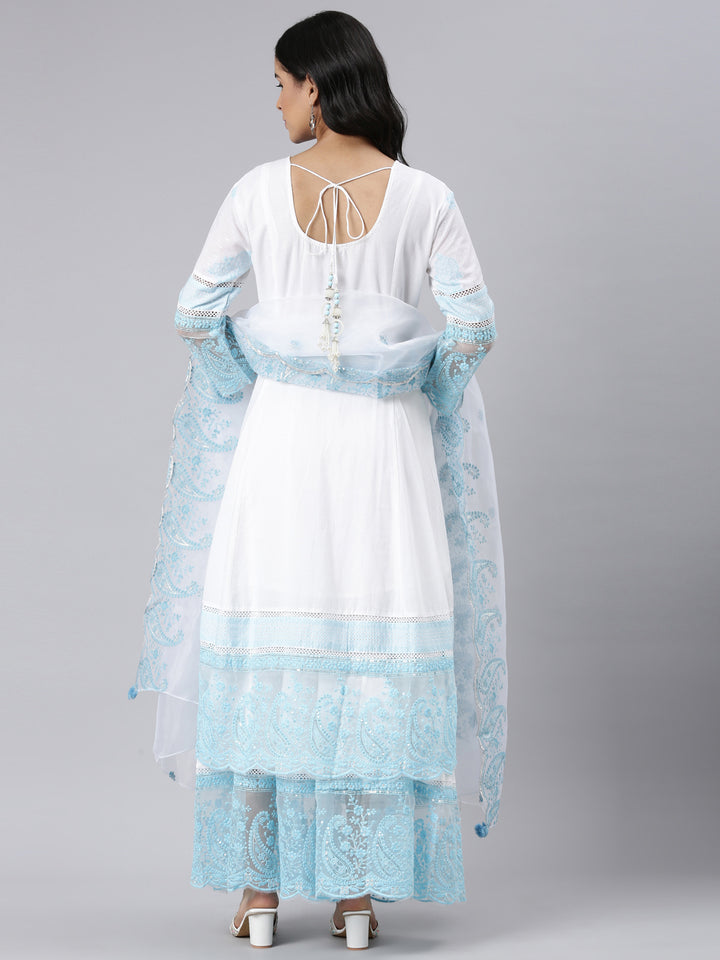 Neerus Blue Panelled Straight Embroidered Kurta and Palazzos With Dupatta
