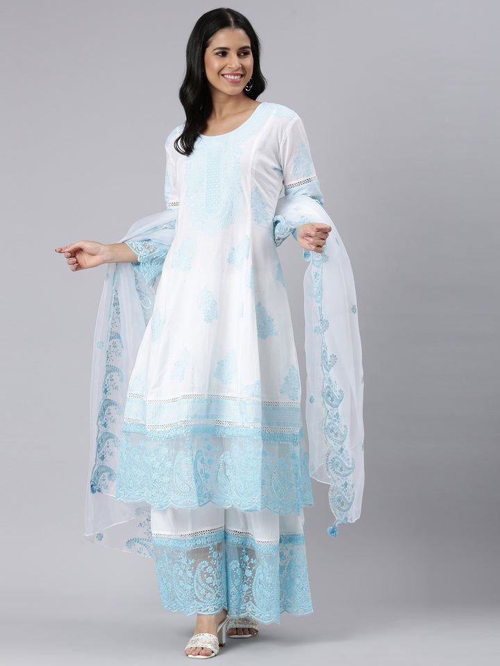 Neerus Blue Panelled Straight Embroidered Kurta and Palazzos With Dupatta
